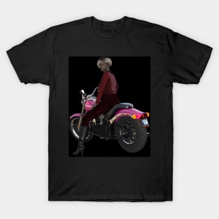 Young woman riding pink  motorcycle T-Shirt